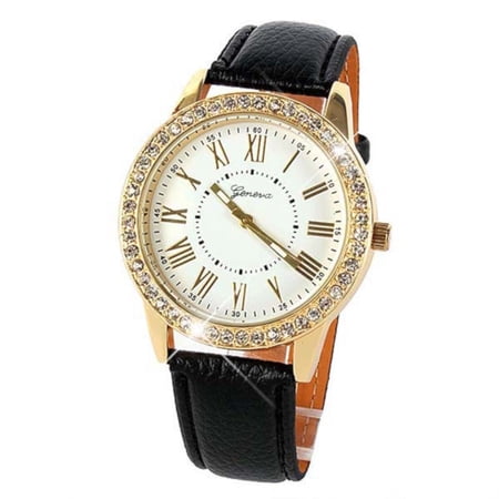Man Woman Crystal Face with Roman Numeral Numbers Watch White Face Black Bands, Watch-146-BW