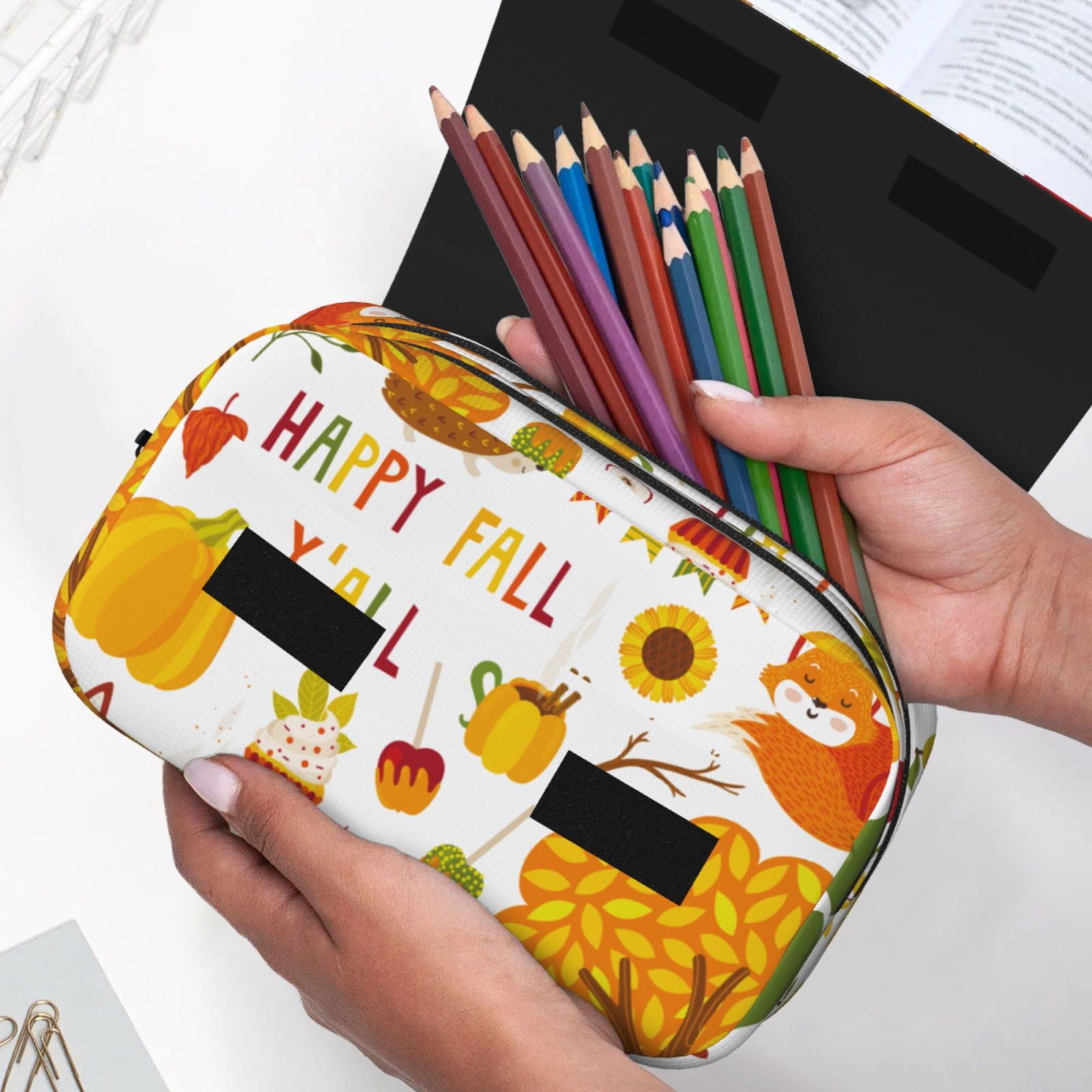 Rateoe HAPPY FALL Y'ALL Pattern Double Clamshell Pen Case, Storage Organizer with Two Zipper Compartments– Holds Up to 50 Pencils & Pens