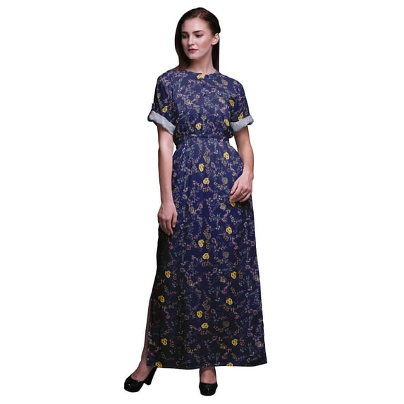 Bimba Rayon Leaf Floral Womens Printed Side Slit Summer Dress Long Maxi Gown-Small