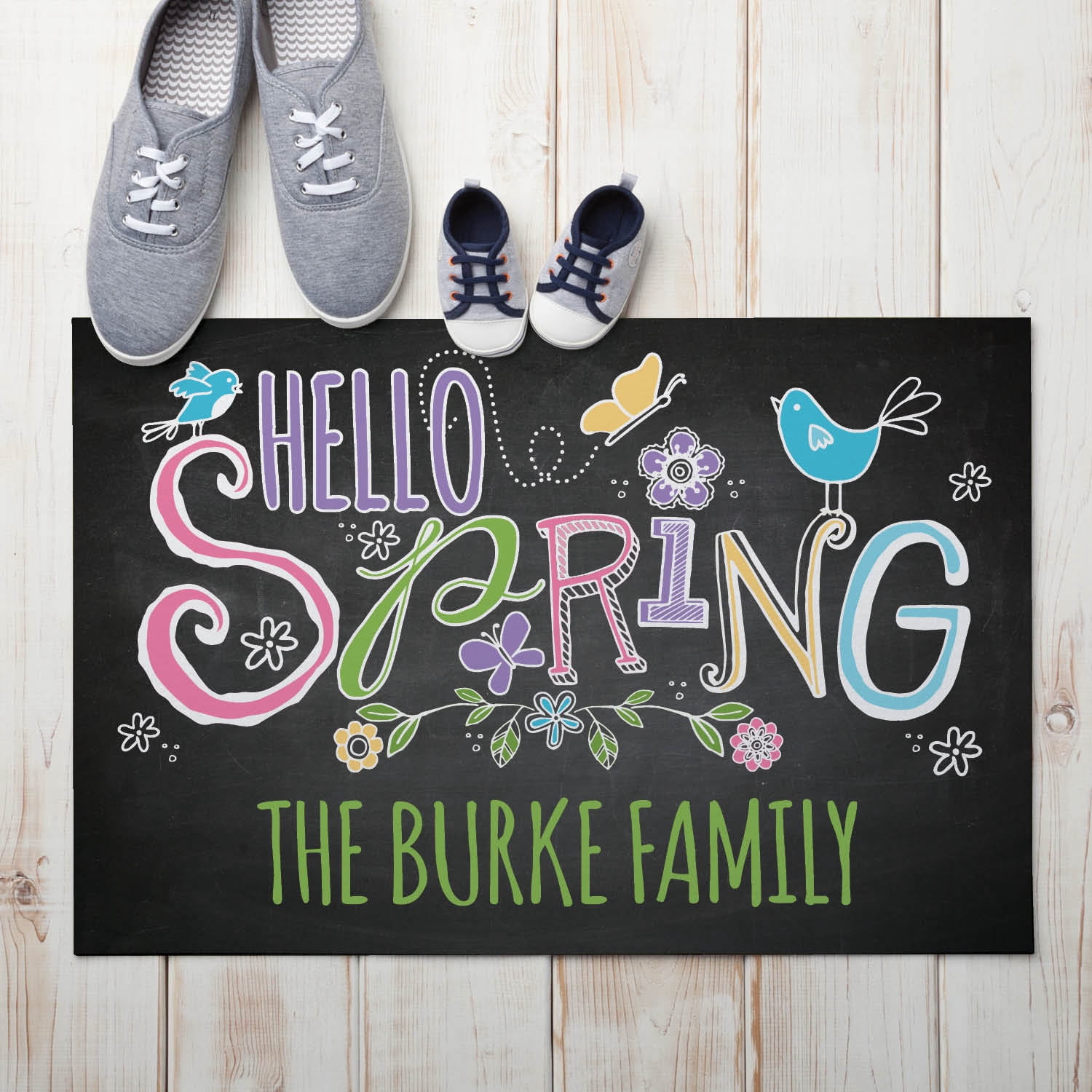 Personalized Planet 27x18 Hello Spring Doormat with Custom Family Name Printed on Black Rectangular 1/4” Thick Non Slip Mat with Bird and Flower Design for Kitchen Hallway Deck or Porch