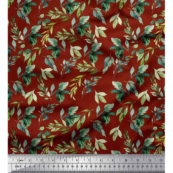 Soimoi Red Cotton Duck Fabric Flower Leaves Print Fabric by the Yard 44 Inch Wide