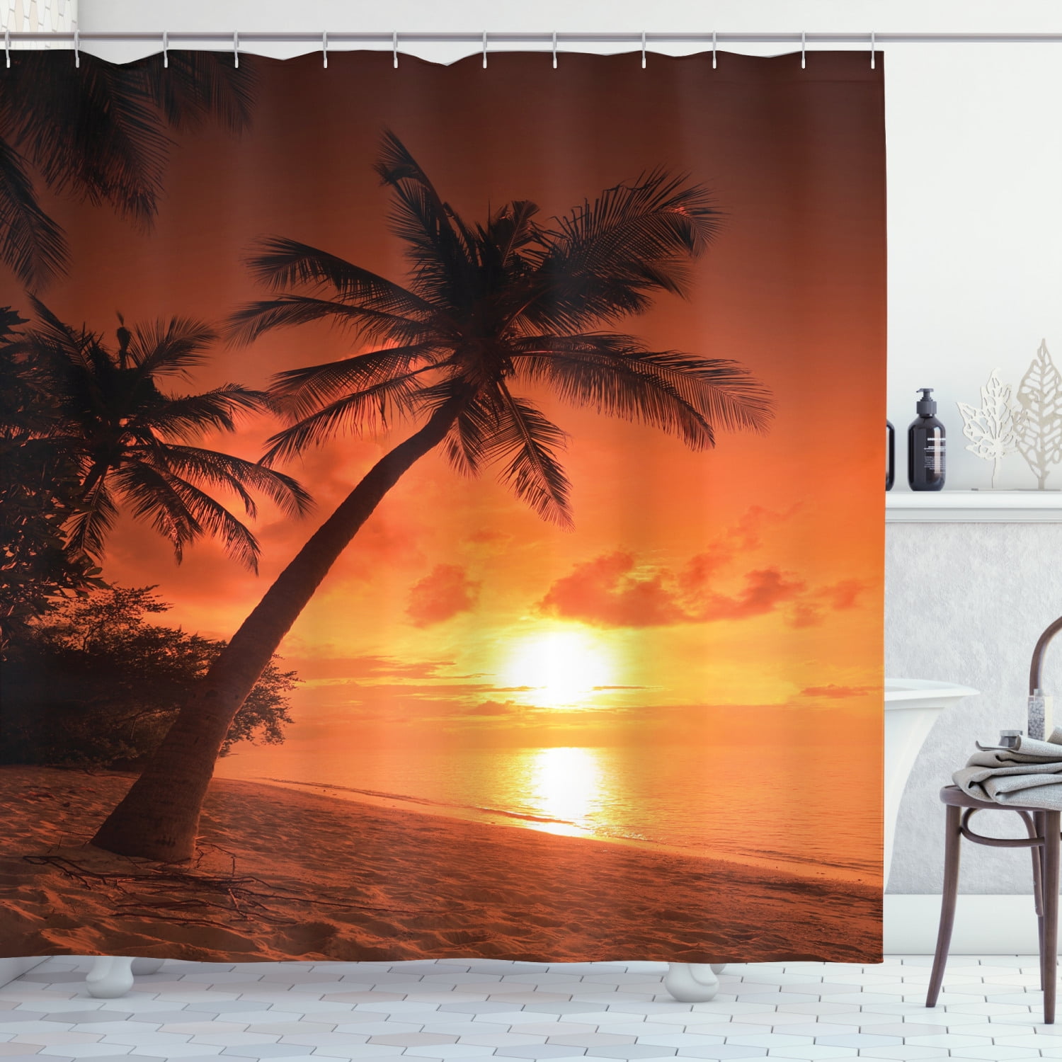 72" Tropical Beach Blue Sea Sunset Waterproof Fabric Bathroom Shower Curtain Set 