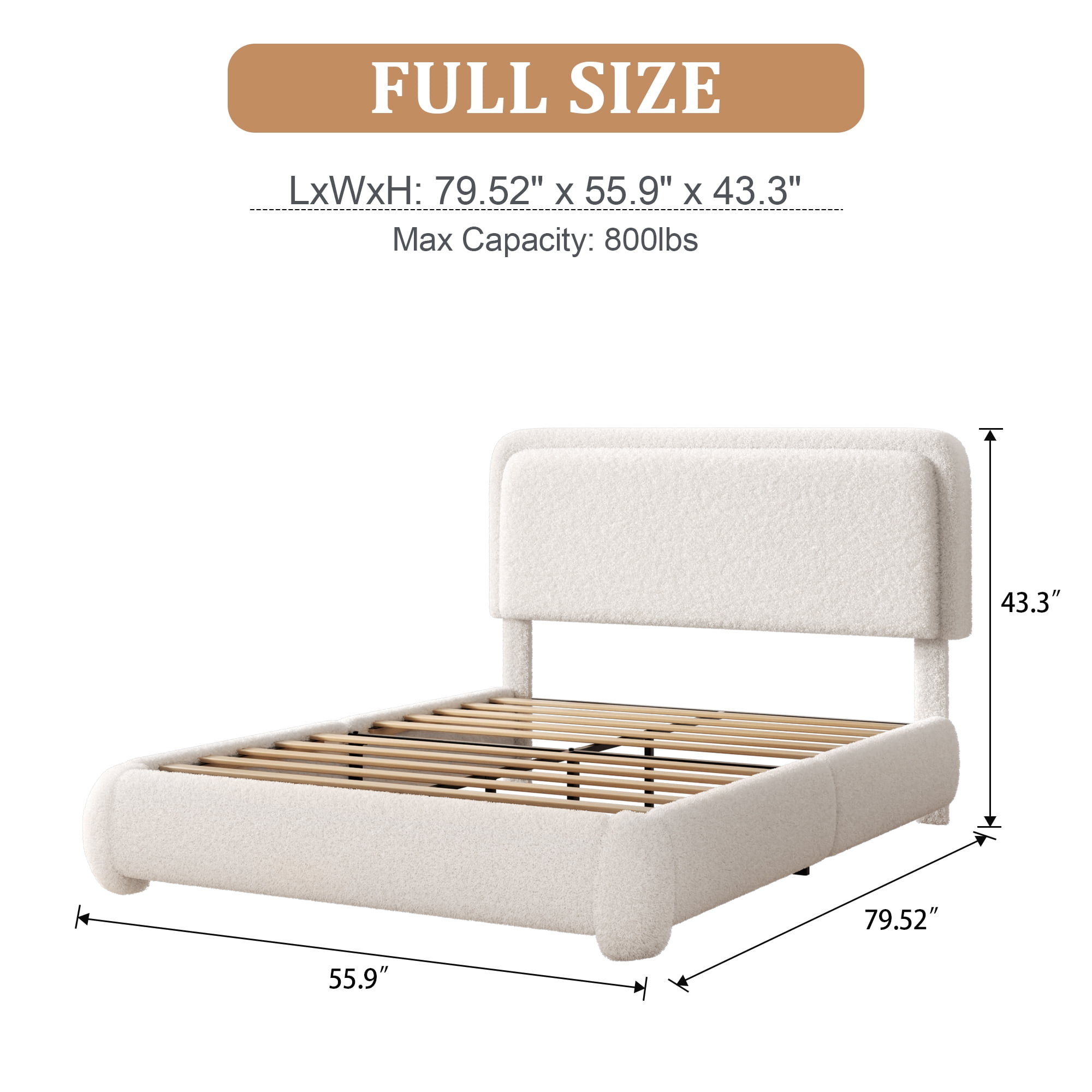 VIPLOV Full Size Boucle Bed Frame, Cloud Upholstered Platform Bed with Height Adjustable Headboard & Soft Rounded Corners, No Noise Free, Easy Assembly,White