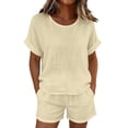 thumbnail image 2 of Gamivast 2 Piece Summer Outfits for Women Casual Linen Textured Short Sleeve Top and Drawstring Shorts Set Loose Fit Matching Lounge Sweatsuits Vacation Streetwear Pajamas Beige XXL, 2 of 7