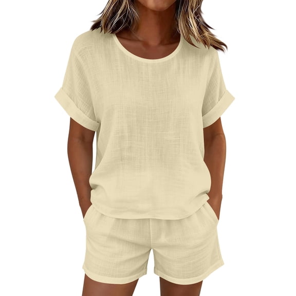 GUACER Two Piece Sets for Women Lightweight Cotton Linen Short Sleeve Top and Shorts Set Summer Casual Outfit