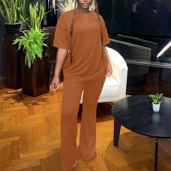Women's Tops Women's Two Piece Summer Attire Short Sleeve Wide Leg Sweatshirt Casual Sweatshirt Casual Sportswear Ndbuld Brown L