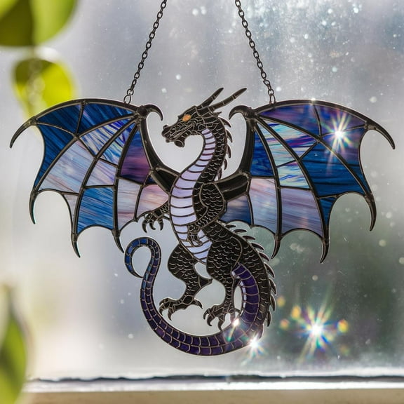 Dragon Acrylic Suncatcher, Gothic Stained Glass Sun Catcher Ornament, Fantasy Window Hanging, Purple Black Dragon Decor, Book Lover Ornament