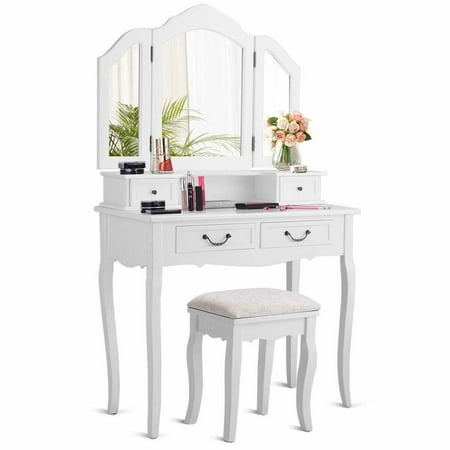 Tri Folding Mirror Wood Makeup Dressing Table Vanity Set W 4 Tri Folding Mirror Wood Makeup Dressing