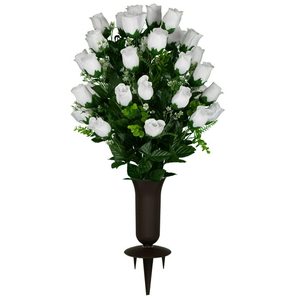 Sympathy Silks Artificial Cemetery Flowers White Rose Buds With Vase
