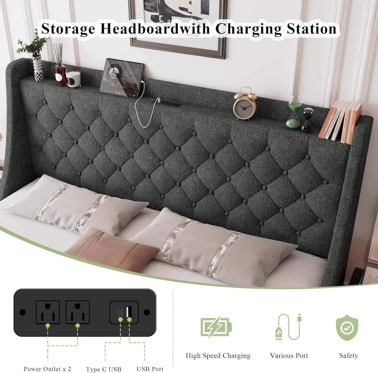 Feonase Queen Bed Frame with 4 Storage Drawers, Upholstered Storage Bed with Charging Station, Tufted Wingback Headboard, No Box Spring Needed, Dark Grey