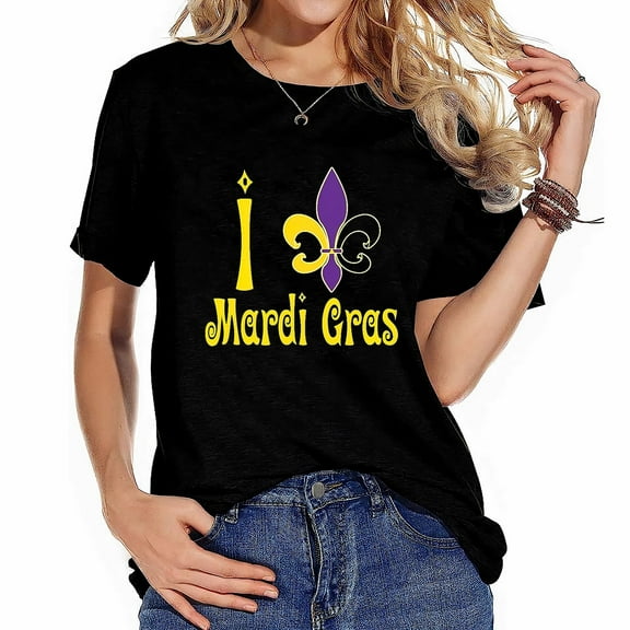 Womens T Shirt I Love Mardi Gras Holiday Party Fleur De Lis Short Sleeve Shirts Black