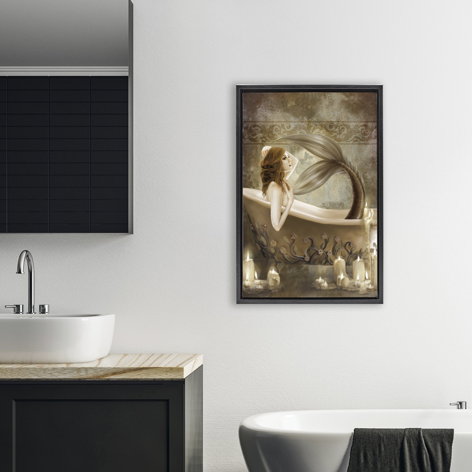 Stupell Industries Sepia Bath Time Mermaid Black Framed Floater Canvas Wall Art, design by Selina Fenech