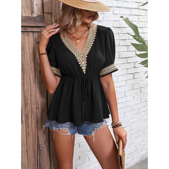 Contrast V-Neck Babydoll Top
