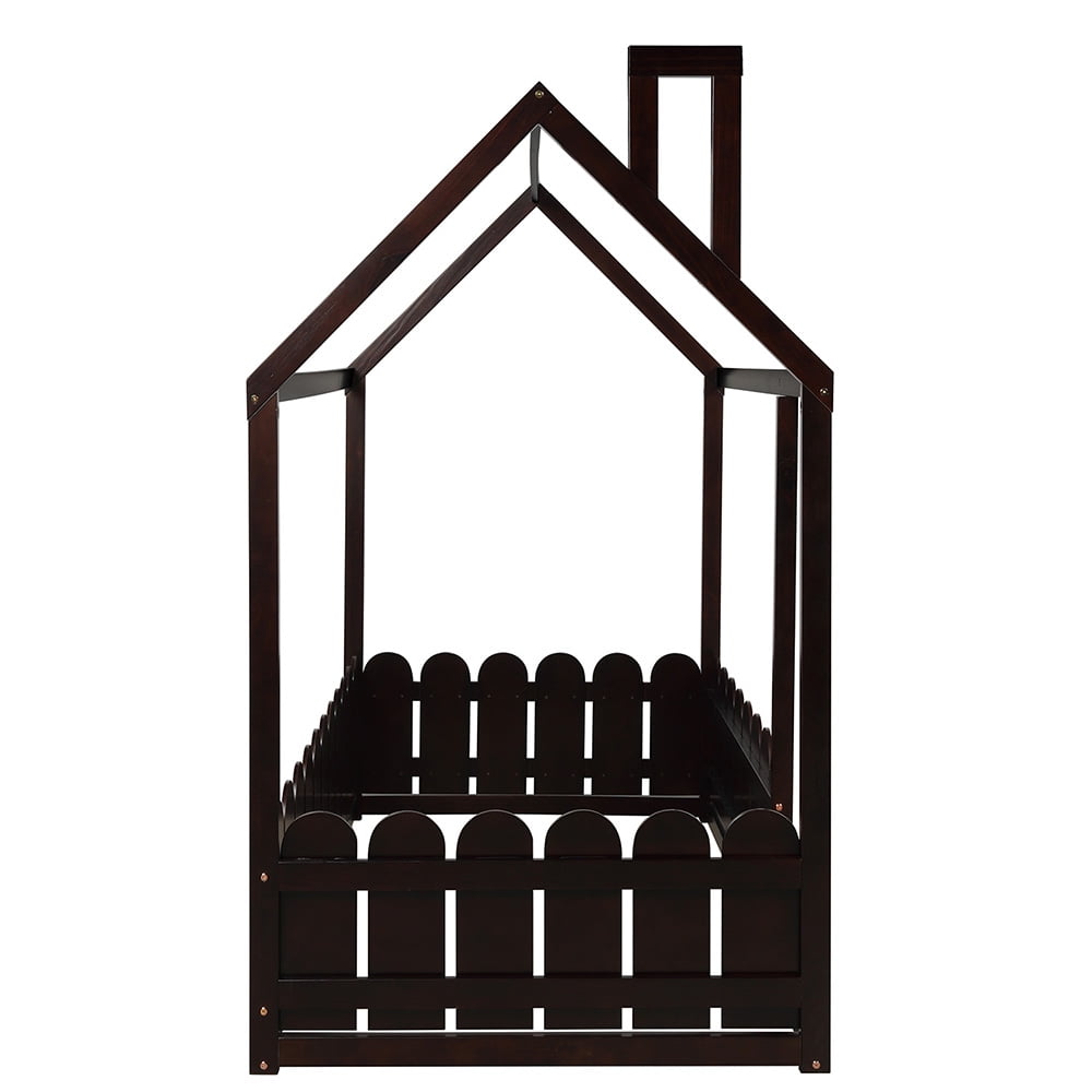 Kepooman Twin Size Wood Bed House Bed Frame with Fence for Kids Teens, 78.7"L x 42.5"W x 70.8"H, Espresso Kepooman Twin Size Wood Bed House Bed Frame with Fence for Kids Teens, 78.7"L x 42.5"W x 70.8"H, Espresso