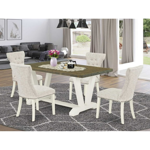 East West Furniture V-Style 5-piece Wood Dining Set in Linen White/Doeskin