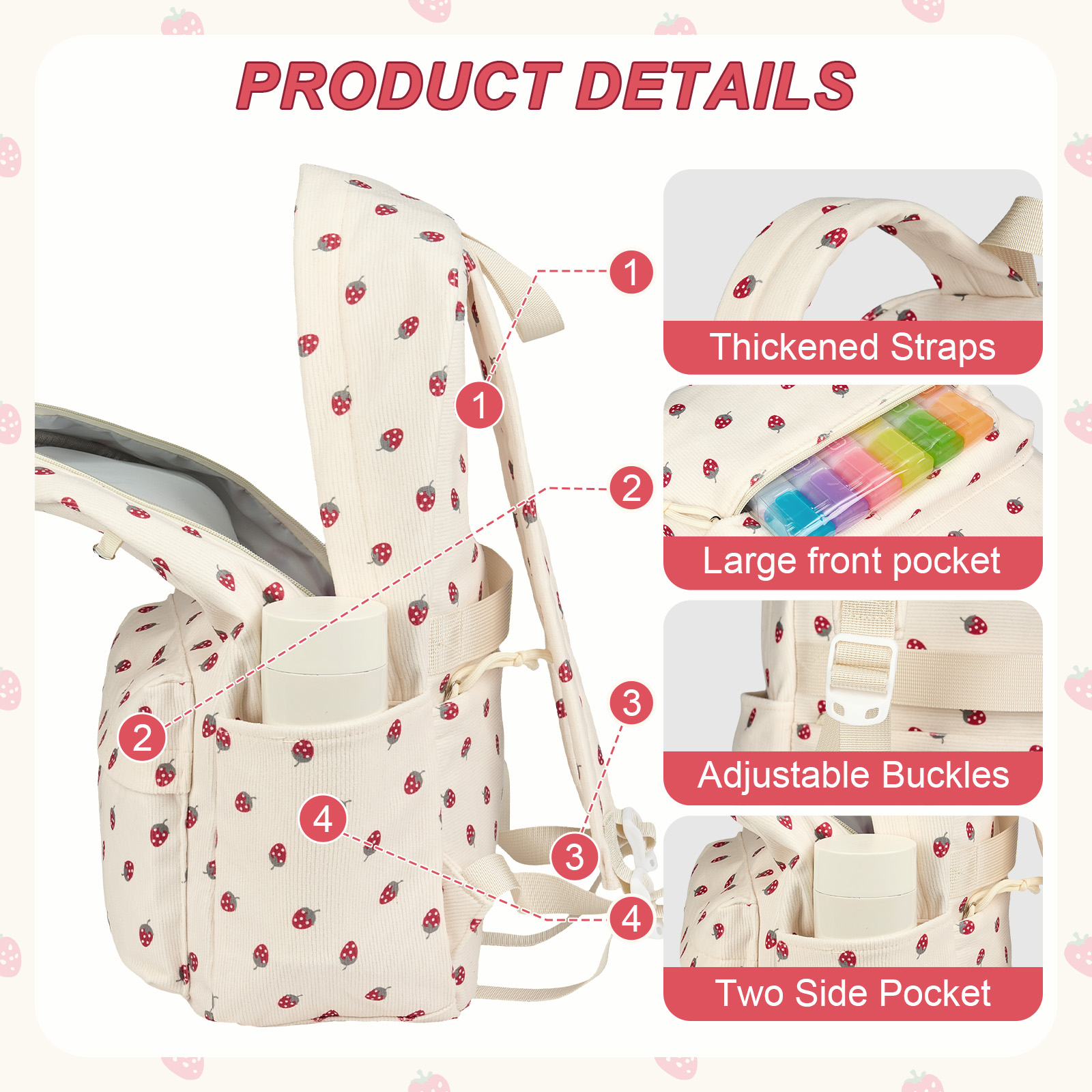 Mochila escolar para niños y adolescentes, linda, para niñas, para secundaria y preparatoria, gran capacidad, ligera, para universidad, beige con fresas 5