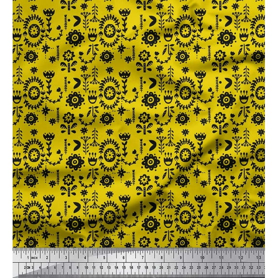 Soimoi Yellow Rayon Fabric Leaves & Floral Folk Art Printed Craft Fabric by the Yard 56 Inch Wide
