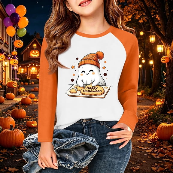 Grblisyd Halloween Girls Raglan Long Sleeve T Shirts Kids Fall Tops Crewneck Ghost Print Tees 10-12Y