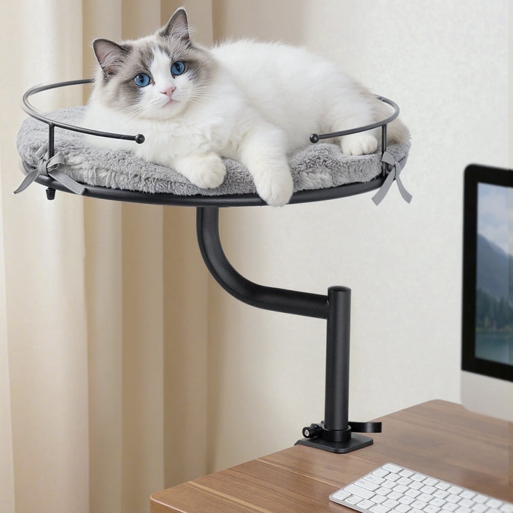 DOMIPET Cat Desk Bed with 360° Rotation & Height Adjustment, Desk Mounted Perch Attachment, Elevated Nest Cat Bed for Table Desktop, Cat Hammock with Washable Cushions, 40LB Capacity