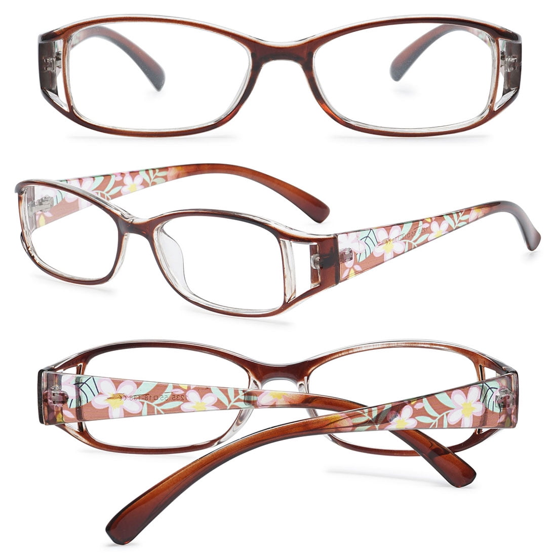 KOOSUFA Womens Floral Color Reading Glasses 3.25 Quality Rectangle Readers Eyeglasses Eyewear Brown