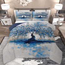 Feelyou Teens Blue Tree Queen Comforter Set, Modern Fashion Watercolor Bedding Sets, Oil Printing Artwork Reversible Bedding Comforter Set, Ultra Soft Bedroom Decor, 3-Piece