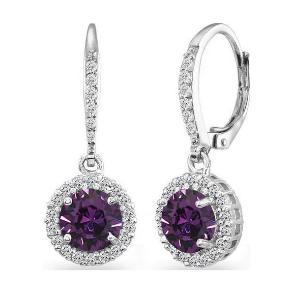 Sterling Silver Purple Round Halo Dangle Leverback Earrings Made with Swarovski Crystals