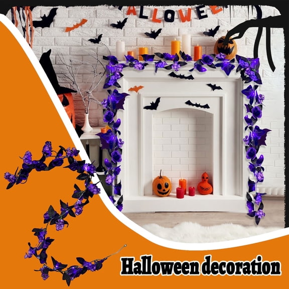 LED Light Up Purple Artificial Rose Vine Garland - Halloween Glowing Floral Decor for Mantle, Staircase, Spooky Party and Night Atmosphere Hanging Ornament