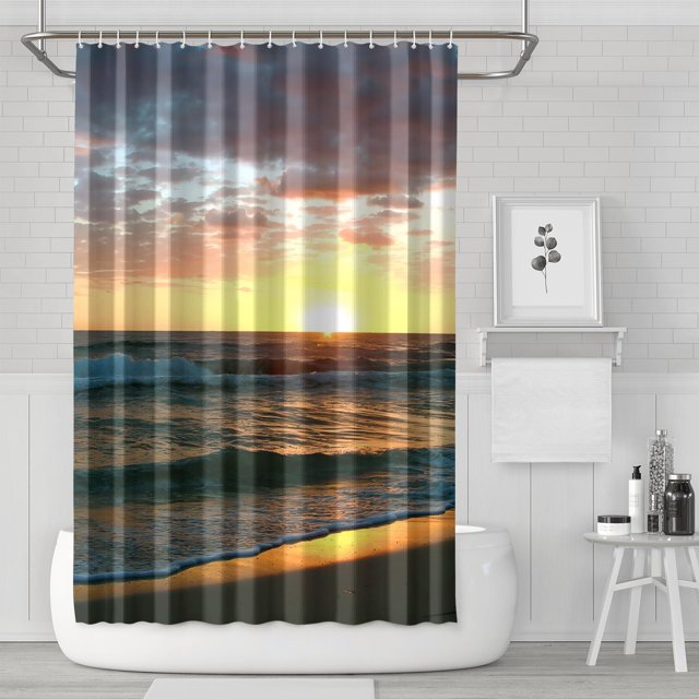 Rideaux de Douche Réutilisables Scène Colorée Ciel de Plage (3) Doublure de Douche Motif Polyester, Doublures de Rideau avec Crochets en Plastique 72x72 Pouces