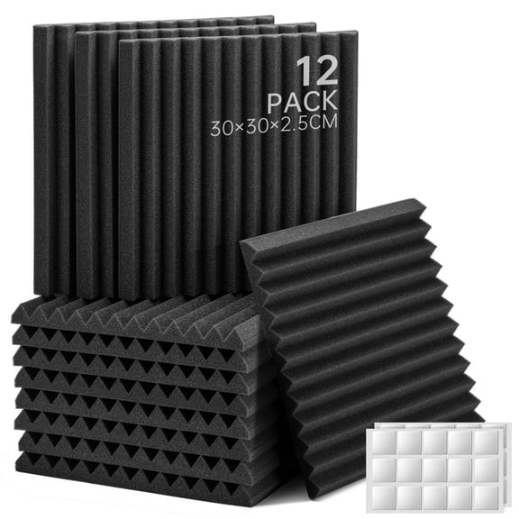 Sound Proof Foam Panels with Sticker, Wedge Acoustic Foam Panels Soundproof Absorbing Noise Cancelling Wall Panels 12 Pack Black 12'' x 12'' x 0.9''