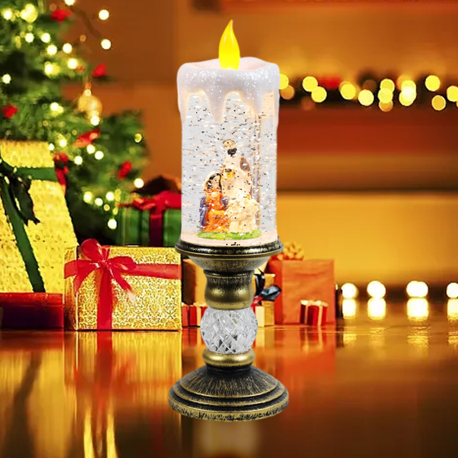 Dengmore Christmas Ornament Resin Luminous Santa Snowman Imitation Candle Light with Music Box LED Flameless Flickering Candle Lights Retro Night Light for Living Bedroom Xmas Decor