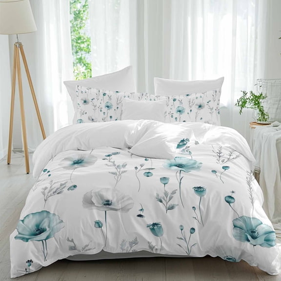 3 Piece Turquoise Flowers Duvet Cover Set Queen Size,Microfiber Comforter/Quilt Cover with Corner Ties and 2 Pillowcases,Farmhouse Spring Botanical Floral All Season Soft Bedding with Zipper Closure