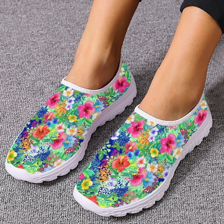 Pretty Tropical Flower Printing Women Flat Shoes Summer Breathable Slip-on Mesh Sneakers Lightweight Loafers Zapatos