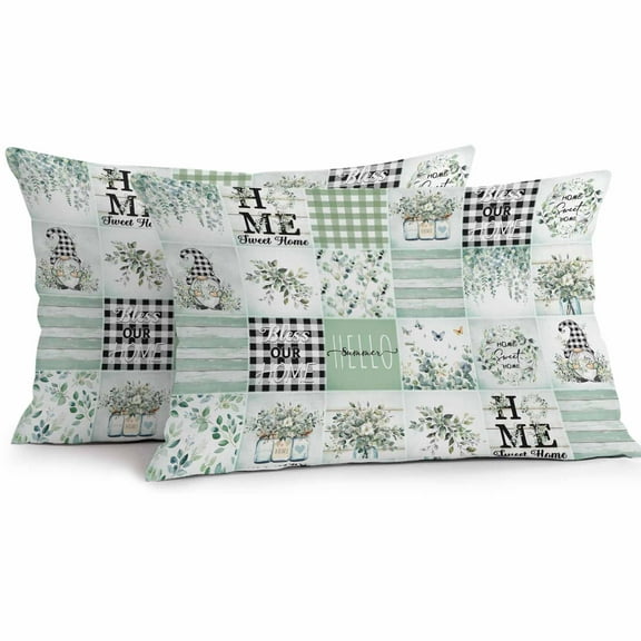 Outdoor Throw Pillows Covers 12X20 Set of 2 Waterproof Sage Green Farmhouse Plaid Decorative Zippered Cushion Covers for Patio Furniture, Summer Gnome Lumbar Pillowcases Eucalyptus Leaves