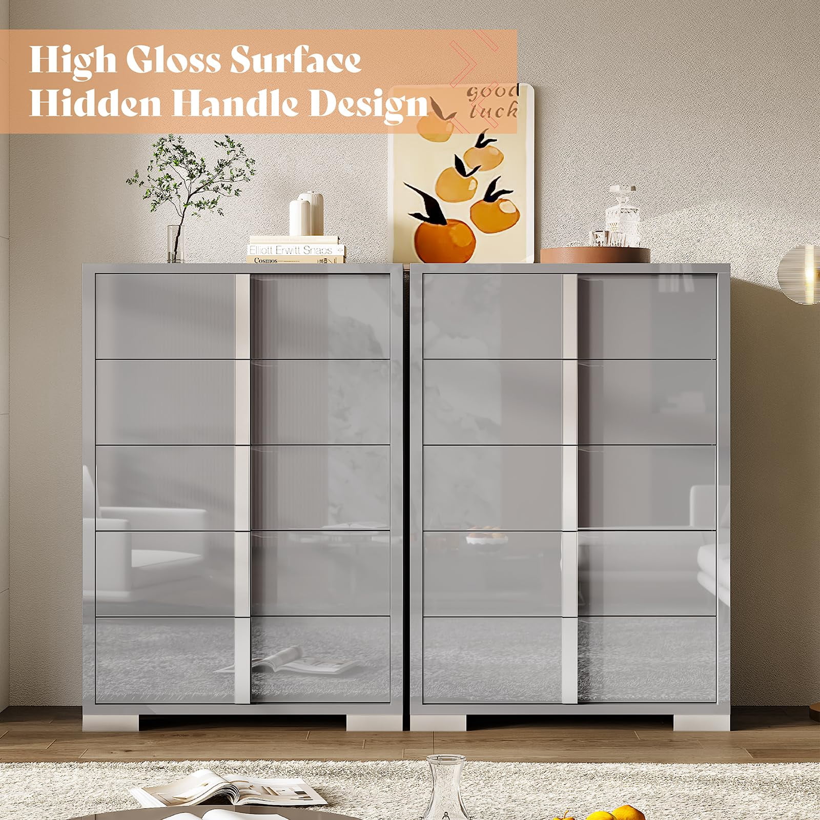 Merluxy 50.2" H Modern 5 Drawer Dresser, Glossy Surface Chest of Drawers, Large Storage Organizer for Bedroom, Living Room, Adult, Light Grey