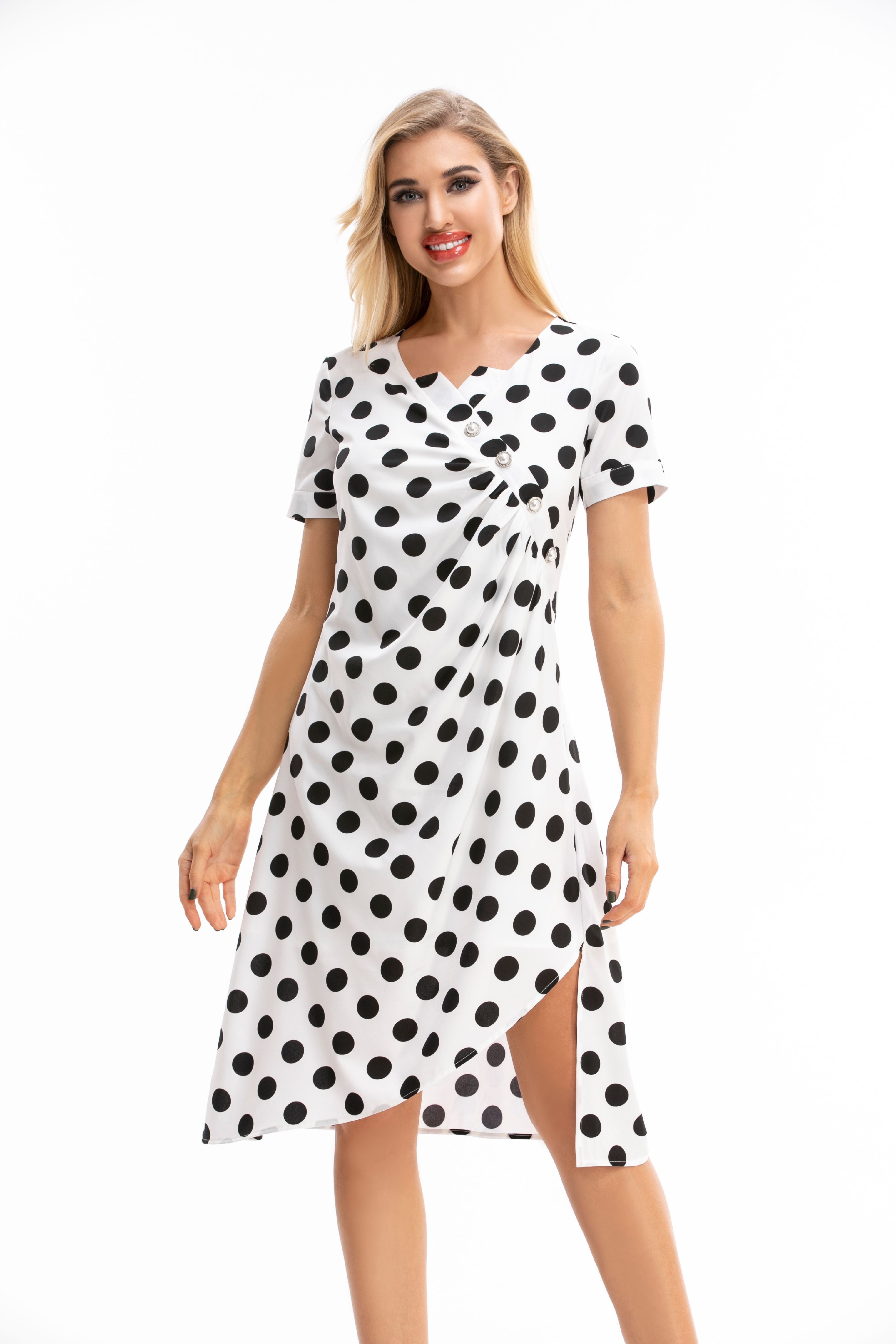 TOP SHE - Women's Polka Dot Print Pearl Button Dresses Casual Short ...