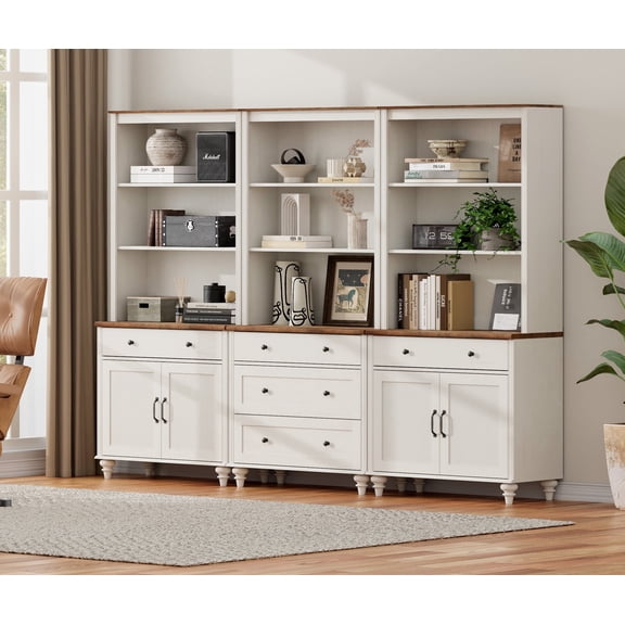 WAMPAT Farmhouse 72" Tall Bookshelf, White Wooden Bookcase with Drawers & Storage Cabinets for Living Room