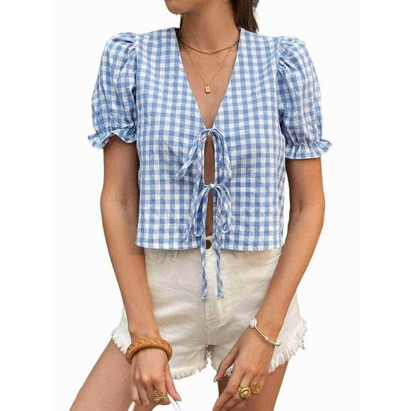 Women'S Gingham Crop Top Puff Sleeve V-Neck Tie Front Blouse Summer Shirt with Elastic Cuffs Blue XL