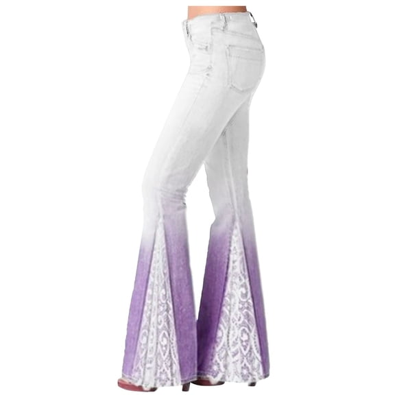 Flare Jeans for Women Summer Lace Fashion Stretchy Jeggings Casual Flowy Gradient Print Palazzo Pants Pockets Ladies Comfy Plus Size Trendy Outfits Flowy Straight Leg Clothes