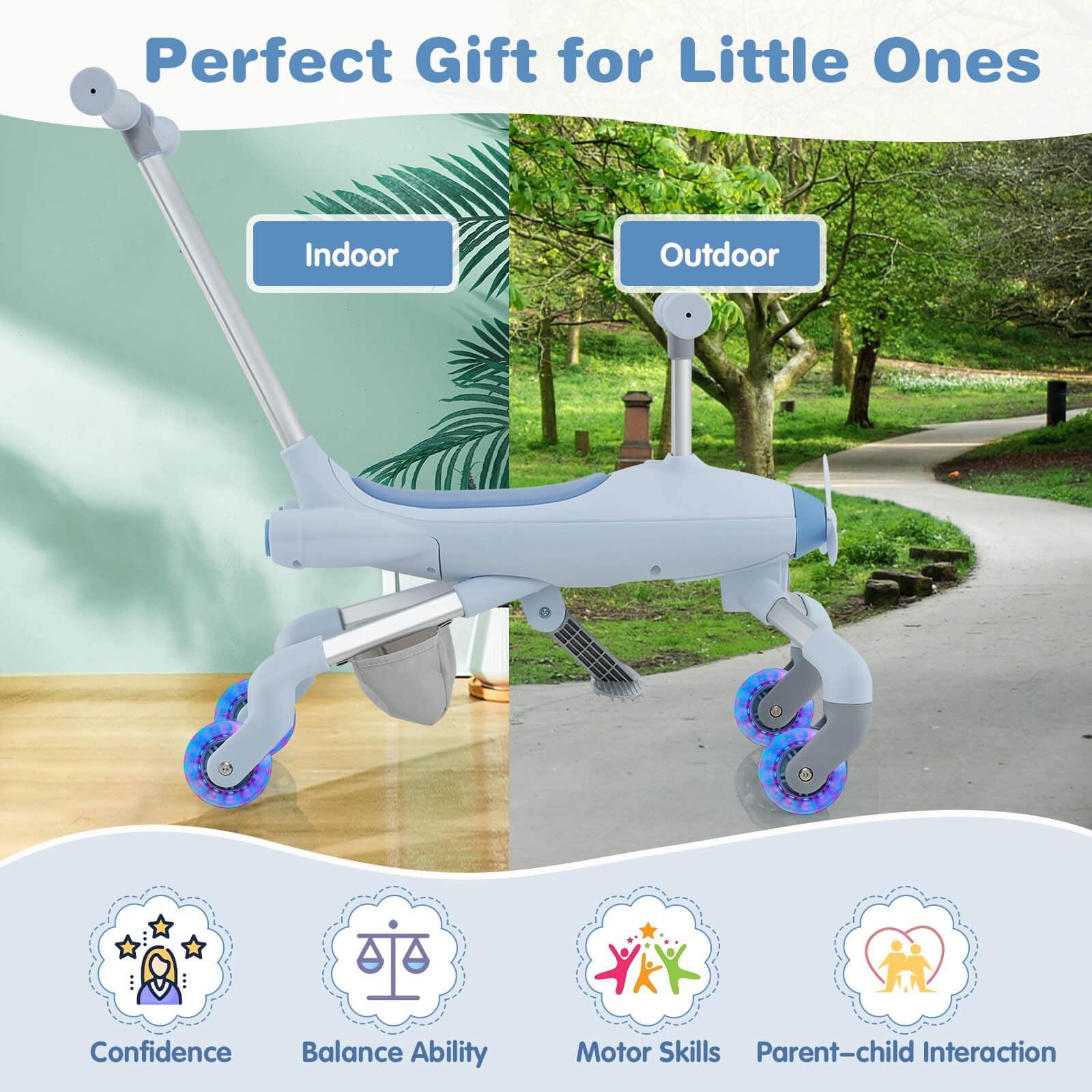 Infans 2-in-1 Kids Ride-on Push Car w/ LED Lighted Wheels Removable & Adjustable Handle