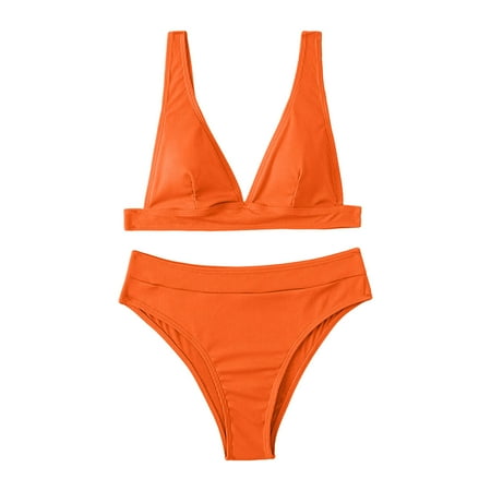TOWED22 Womens High Waisted Bikini Sets Sexy Brazilian Triangle Top Deep V Neck Solid Color Two Piece Swimsuit Bathing SuitsOrange L