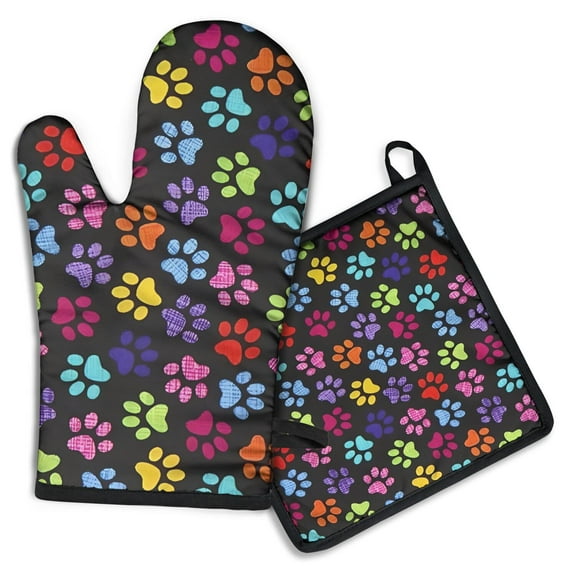 Colorful Animal Footprints Kitchen Oven Mitt and Pot Holder Sets 2 Pcs for Baking, Cooking and Grilling, Heat Resistant Up To 392 °F