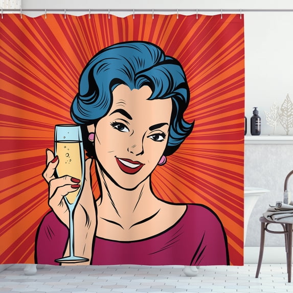 Alcohol Shower Curtain, Pop Art Party Girl Toasting Champagne at Party Image on Starburst Retro Background, Fabric Bathroom Set with Hooks, 69W X 70L Inches, Multicolor, by Ambesonne