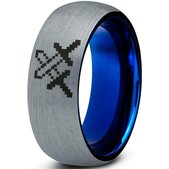Tungsten Pixelated Swords Crossed Band Ring 8mm Men Women Comfort Fit Blue Dome Brushed Gray Polished
