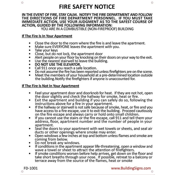 Fire Safety Notice: Combustible Buildings ( Aluminum ) 12.637 Inch x 9.842 Inch