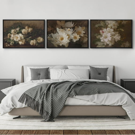 IDEA4WALL Framed Canvas Print Wall Art Set of 3 Vintage Garden White Flower Fine Art Spring Floral Wall Decor Botanical Pattern Retro Prints Nature Wildflowers Minimal Artwork - 16"x24"x3 Black