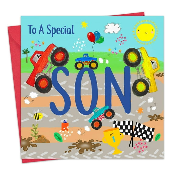 Twizler Son Birthday Card for Children - Monster Trucks - Kids Boys Birthday Card for Son
