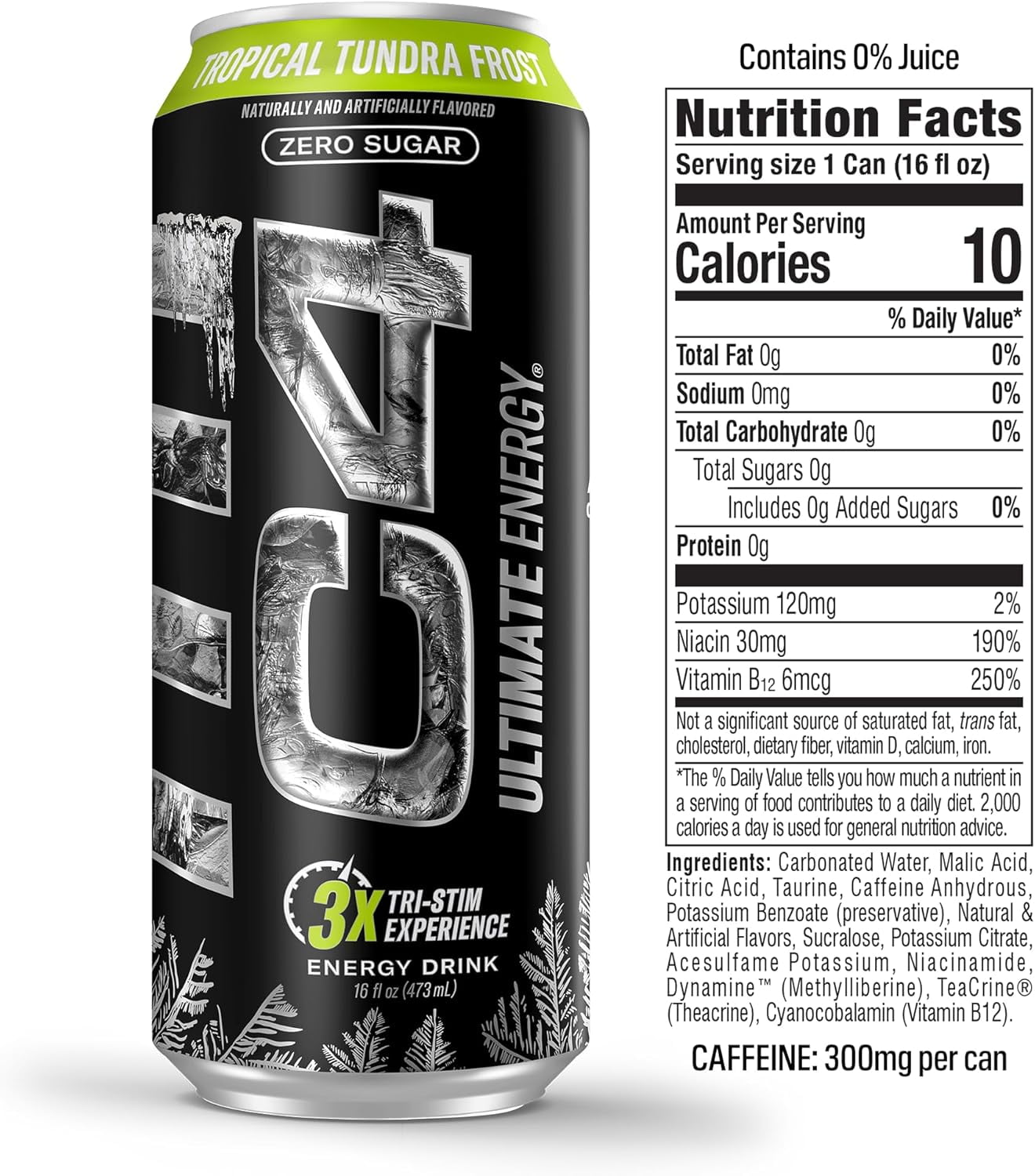 C4 Ultimate Energy Drink, Tropical Tundra Frost Flavor, Zero Sugar, Carbonated, 16 fl oz Can, 12 Pack