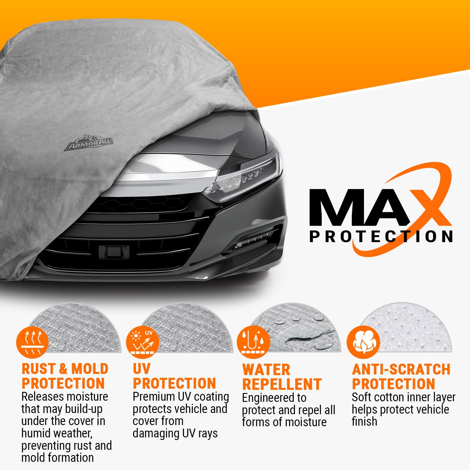 Armor All Car Cover, Heavy Duty All Weather Protection, Fits Sedan Length up to 175", Grey