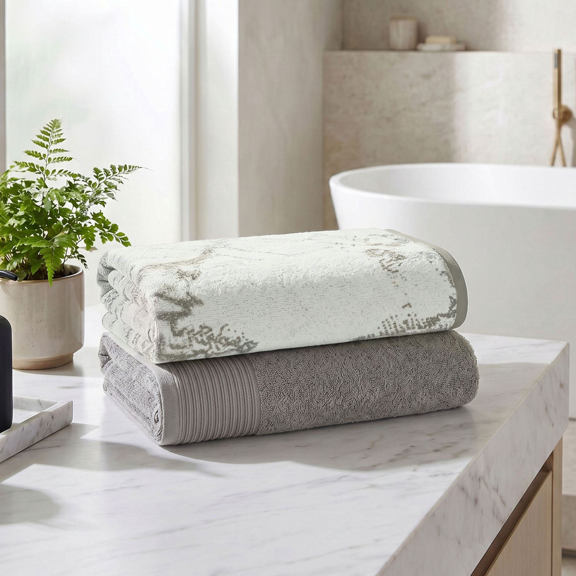 Superior Marble and Solid Jacquard Oversized Cotton Bath Sheets, 2-Pack, Ivory - Charcoal
