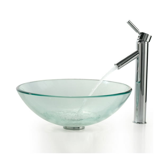 KRAUS Glass Vessel Sink with Sheven Faucet in Chrome